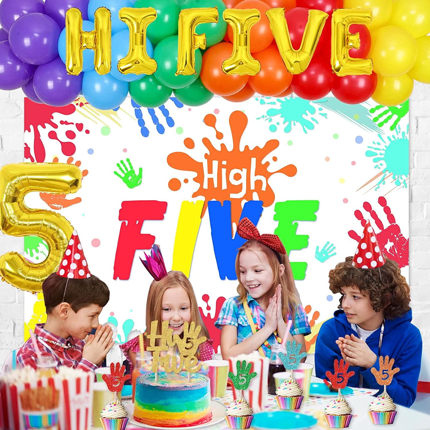 Hi Five Birthday Party Decorations, High Five 5th Birthday Party Backdrop Banner Hand Print Photography Background Orange Purple Green Balloons Gold Glitter Cake Topper for 5 Years Old Boys Girls - Walmart.com